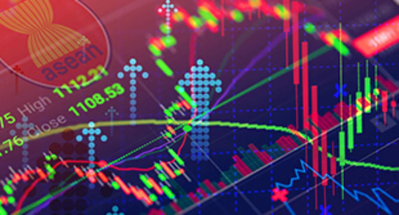 Digital stock market graphic with curves and arrows also depicting the ASEAN logo