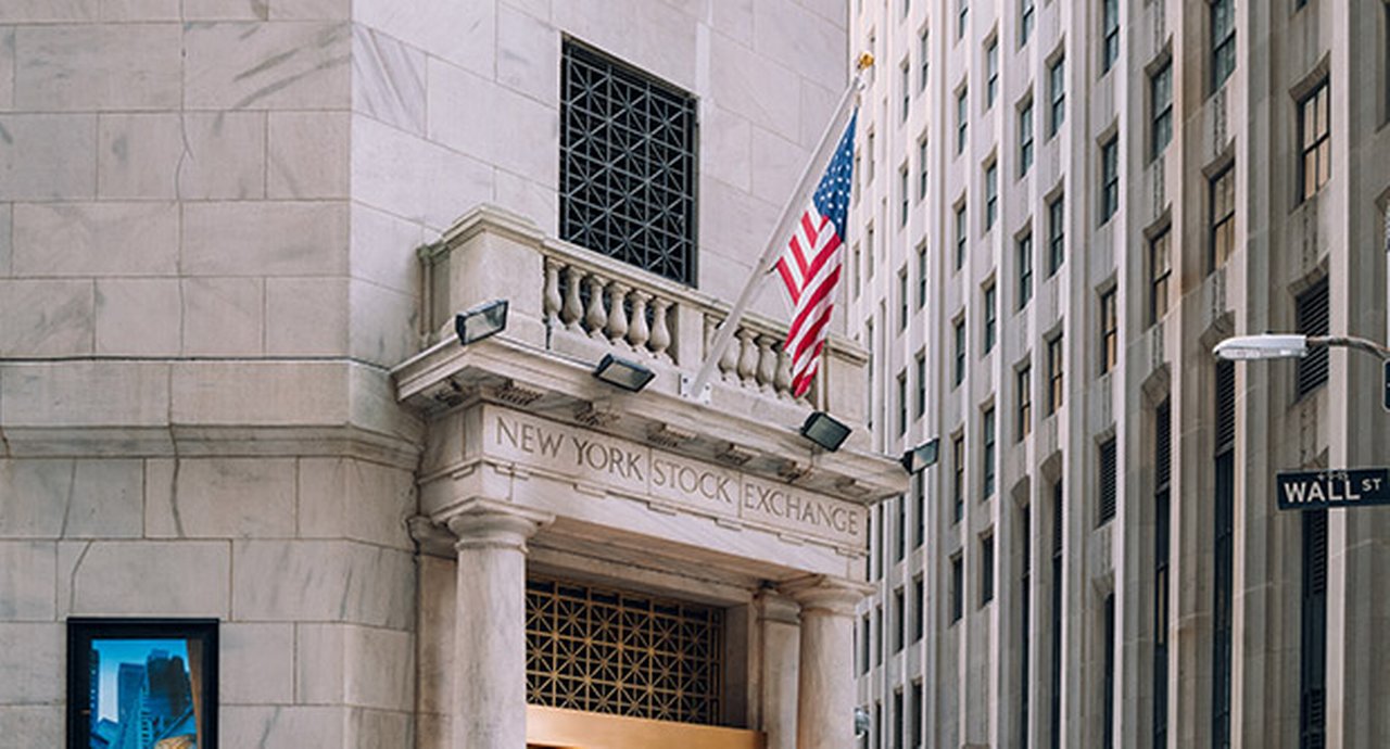 Entrance to the New York Stock Exchange in Lower Manhattan New York City USA