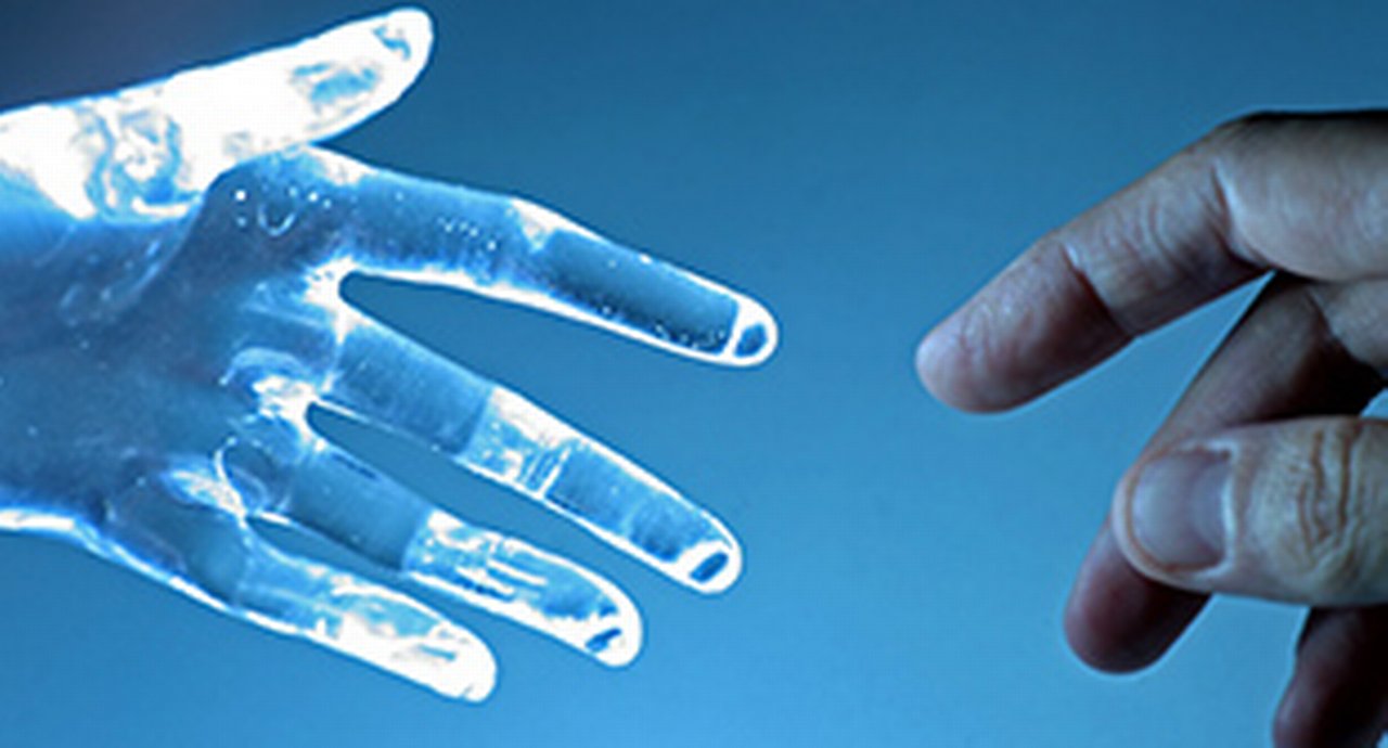 Human hand touches an atrial glass hand