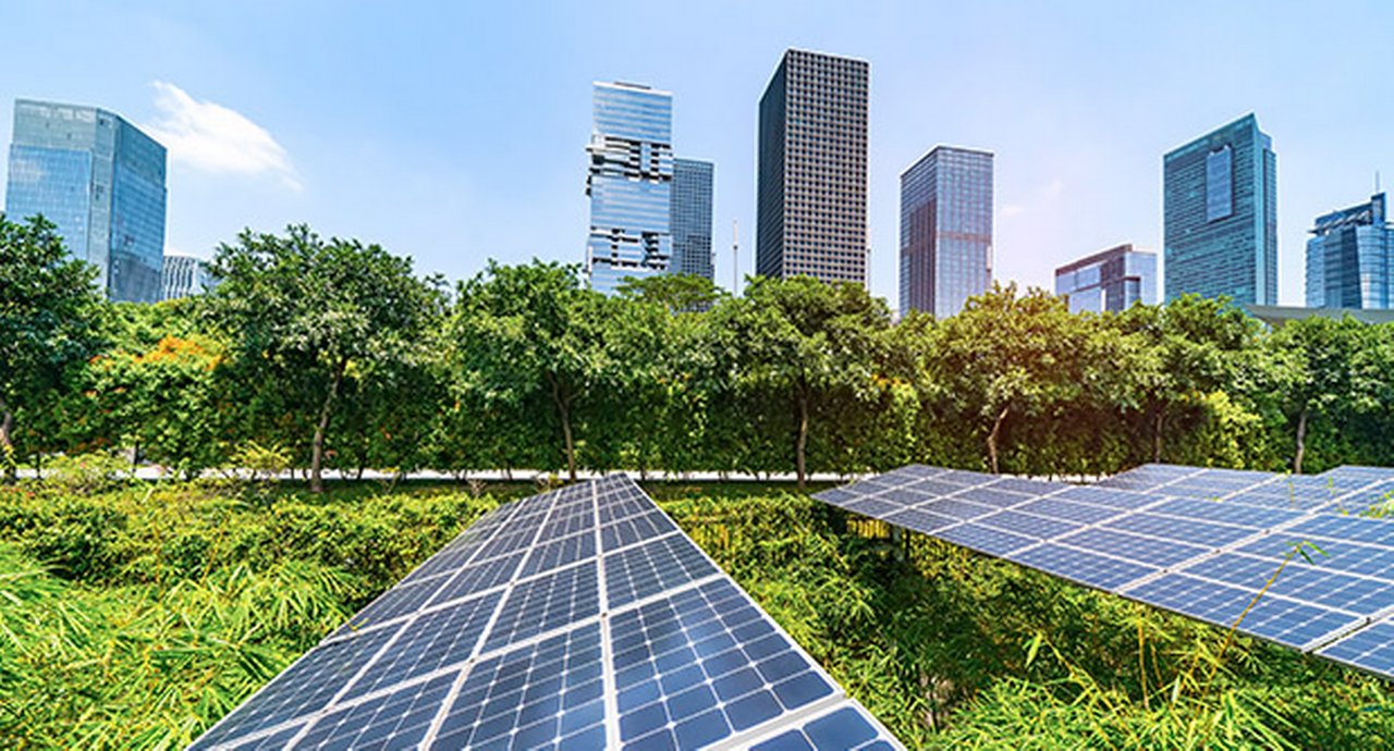 Solar power plant in modern city, sustainable renewable energy