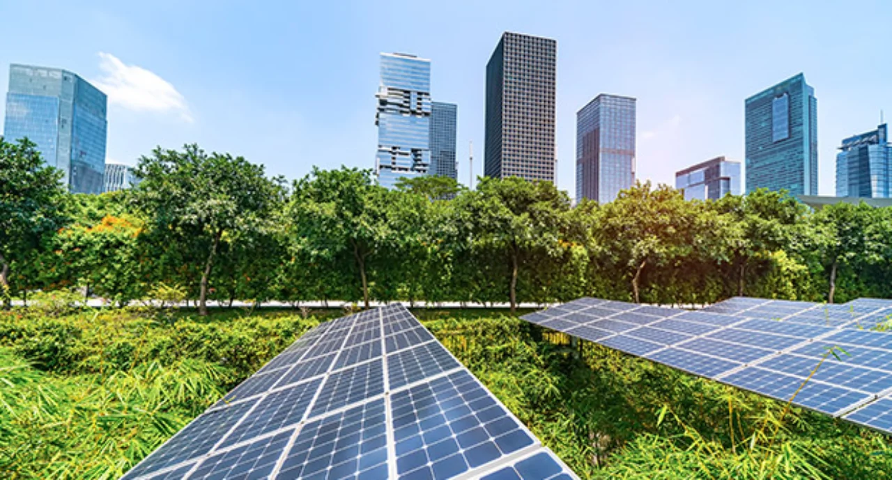 Solar power plant in modern city, sustainable renewable energy