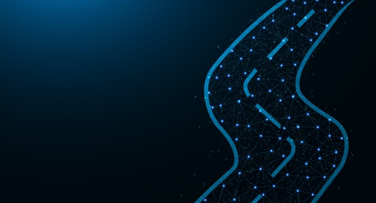 Road Low Poly Design Journey Abstract Geometric Image Direction Wireframe Mesh Polygonal Vector Illustration Made From Points And Lines On Dark Blue Background