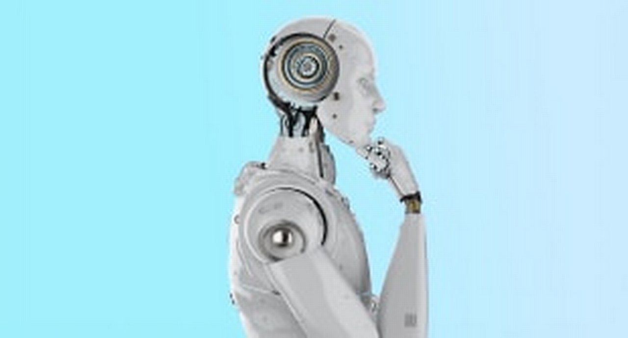 Human-like robot in a thinking pose