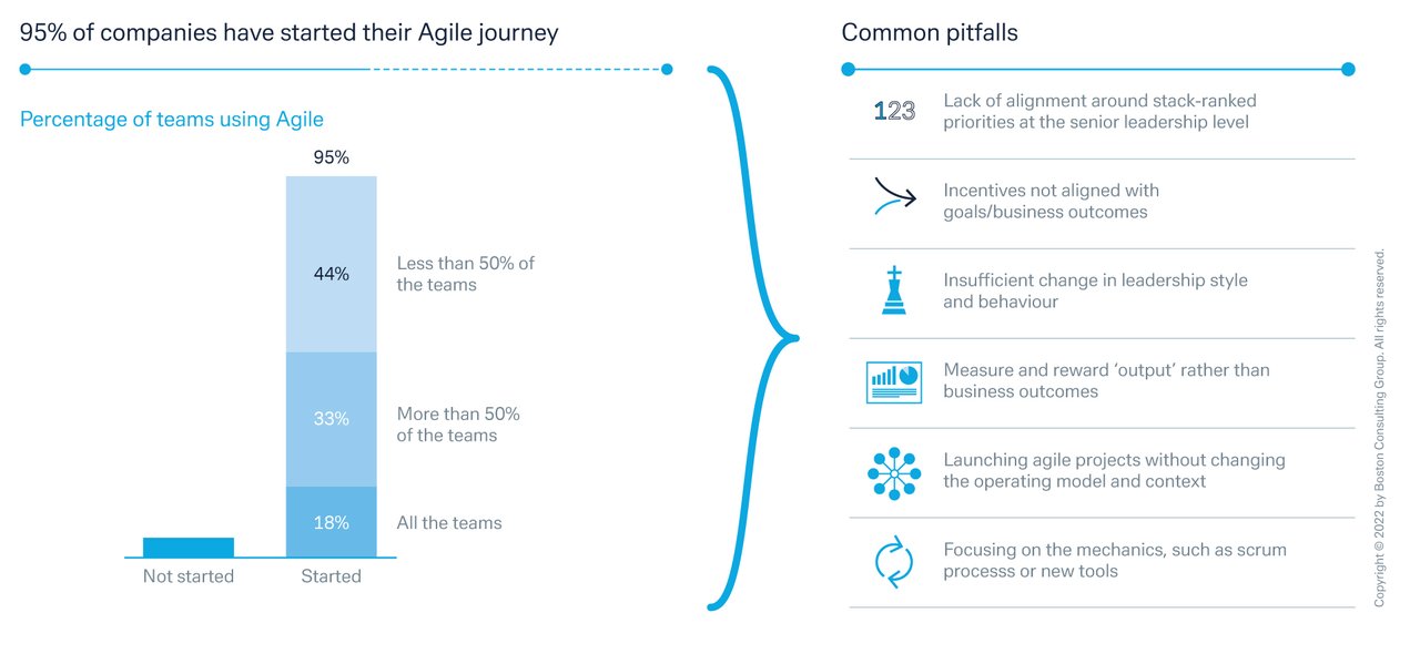 Figure 2: Many companies embarked on an Agile transformation but must struggle to do Agile right and leave money on the table