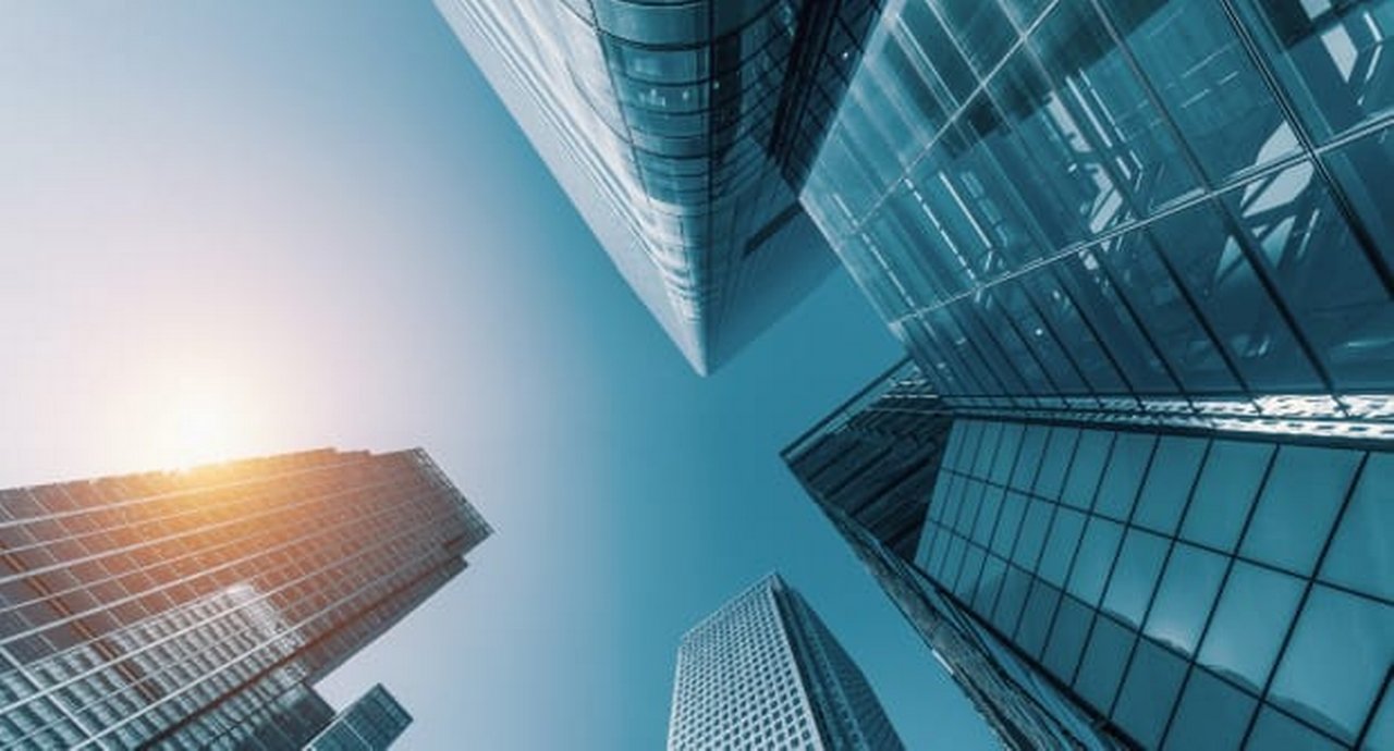 skyscrapers in a finance district from a low angle