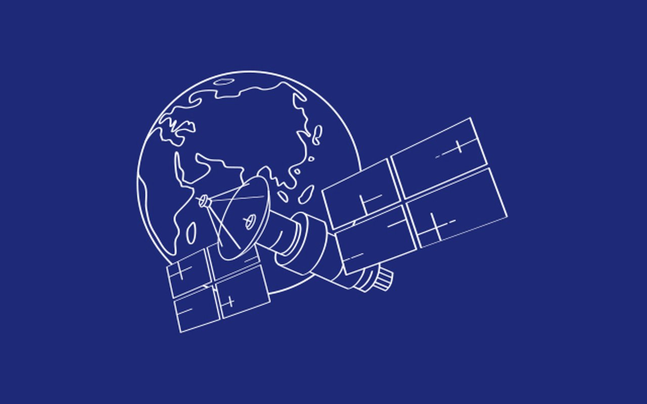 schematic representation of a satellite on a dark blue background