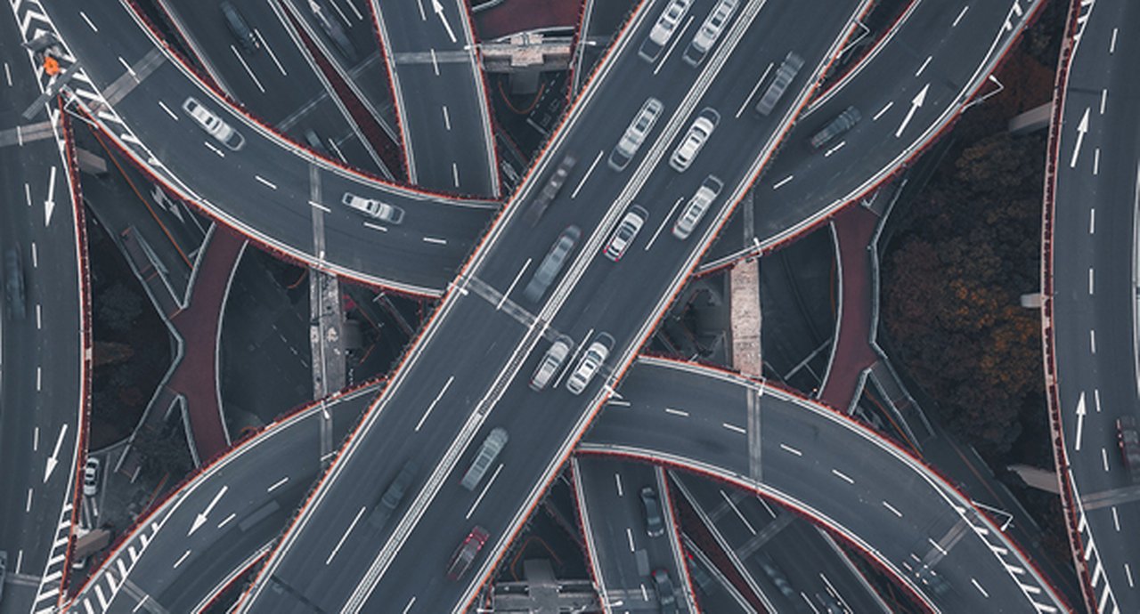 Birds eye view of freeway overpasses