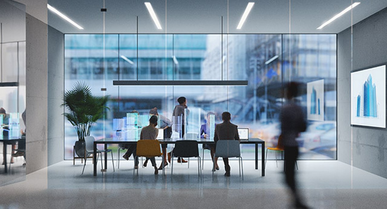 Futuristic office with people going about their work