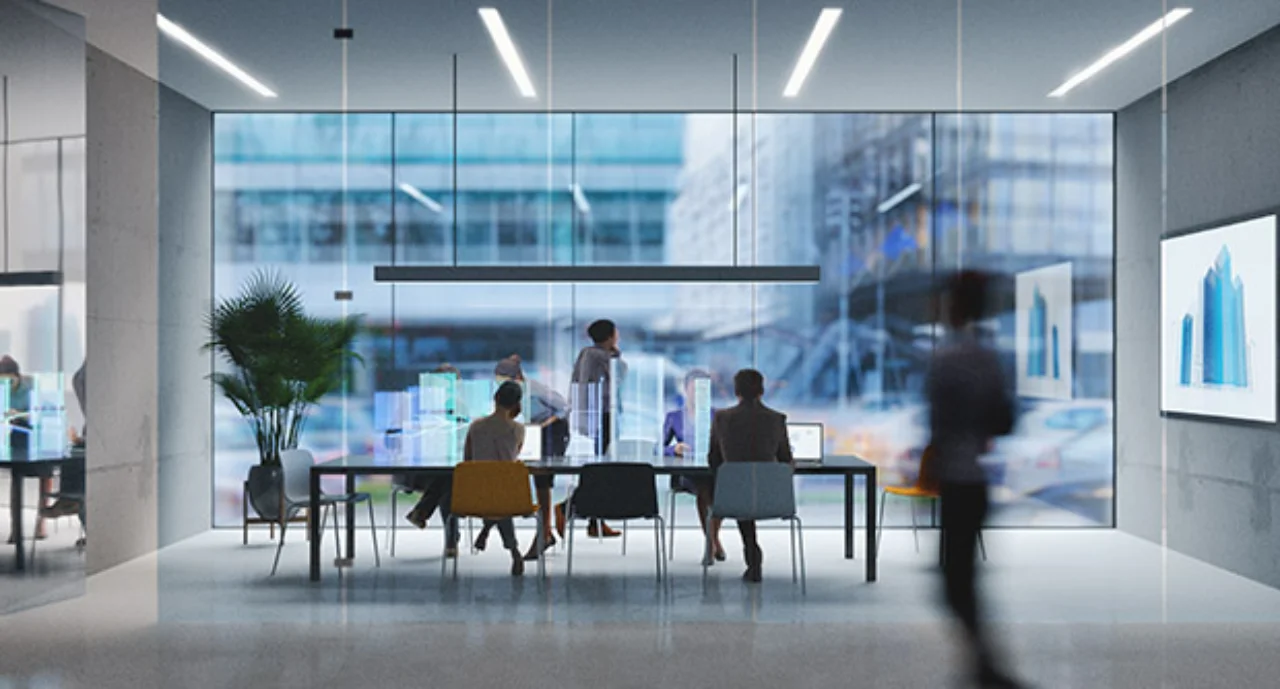Futuristic office with people going about their work