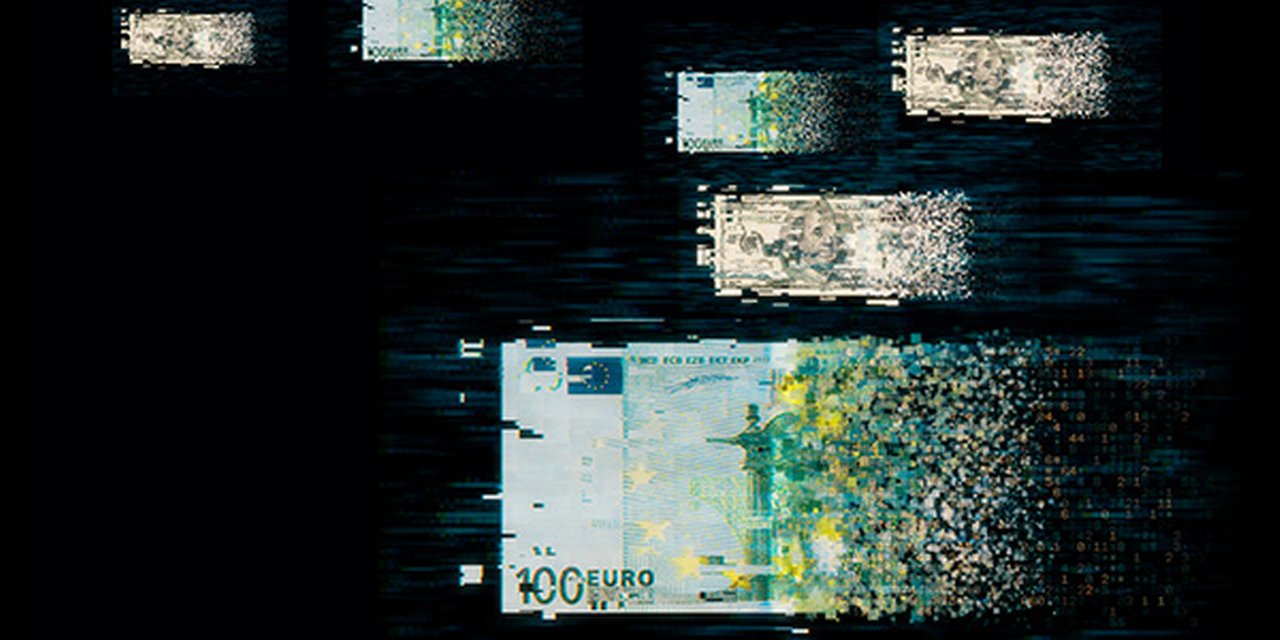 Pixelated 100 euro note representing the digital euro