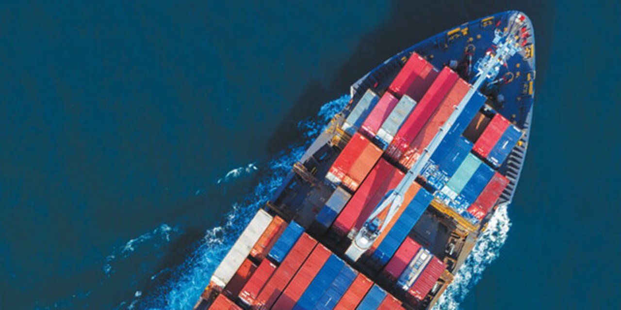 A container ship on the high seas from above