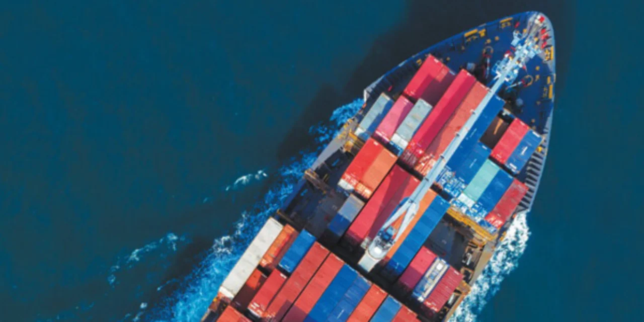 A container ship on the high seas from above