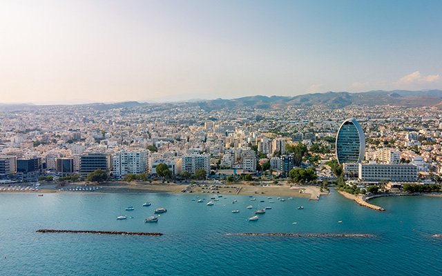 An aerial view of the seafront of Limassol, Cyprus.