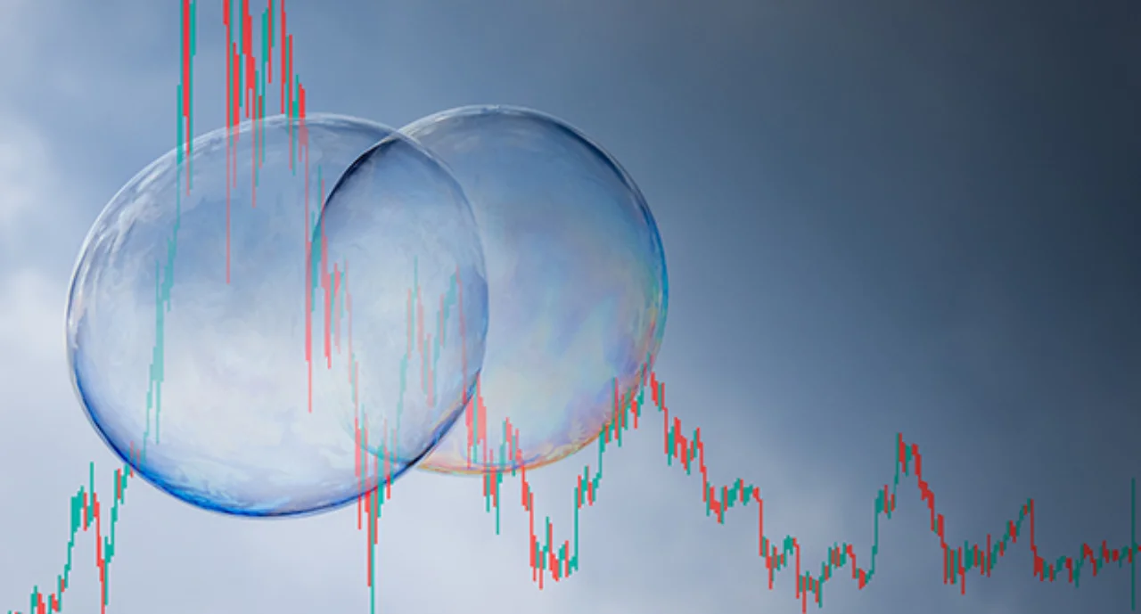 symbolic picture of a stock market bubble with a parabolic chart that is in a recession.