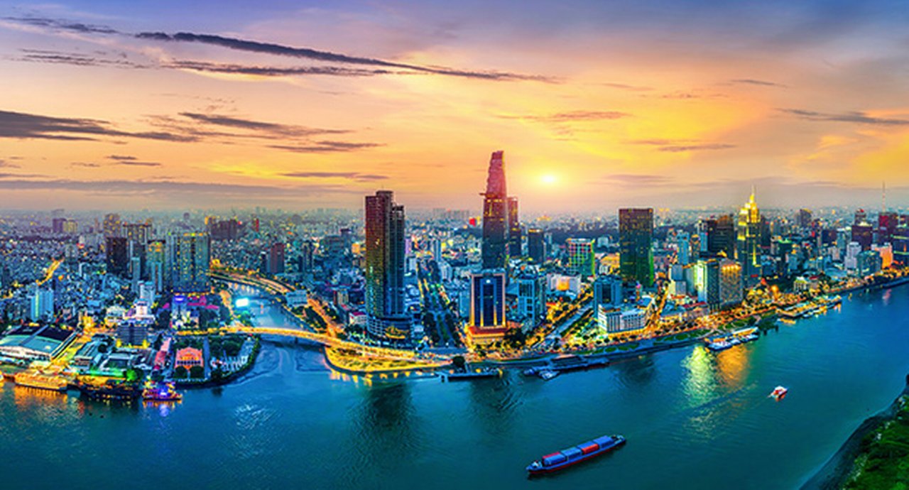 Panorama of Ho Chi Minh City or Saigon City at dusk in Vietnam