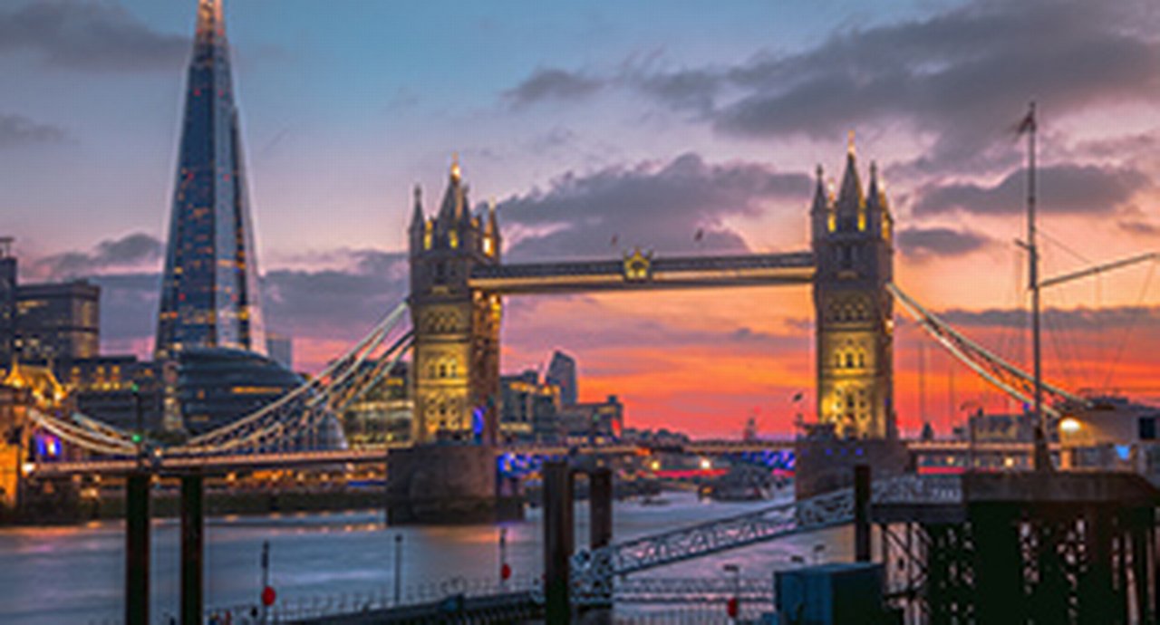 Tower Bridge and the Thames River at sunset