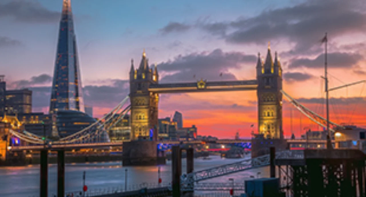 Tower Bridge and the Thames River at sunset