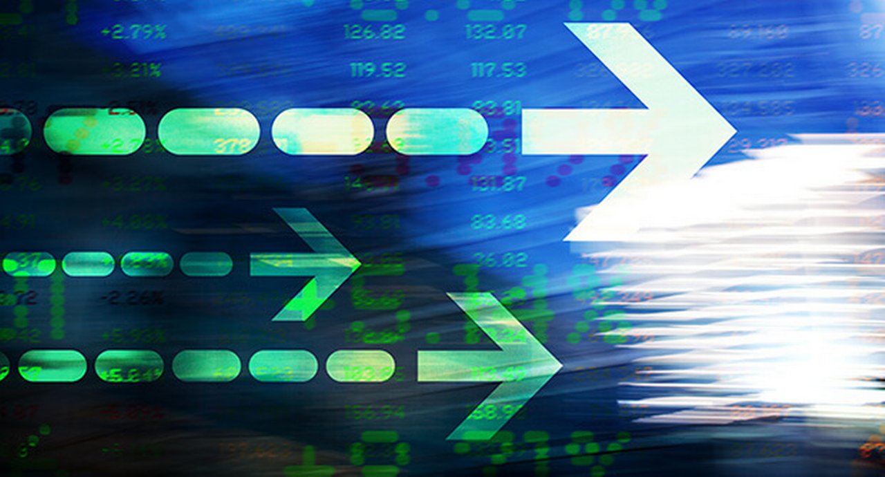 Finance Arrow Abstract Office Buildings And Trading Screen Data