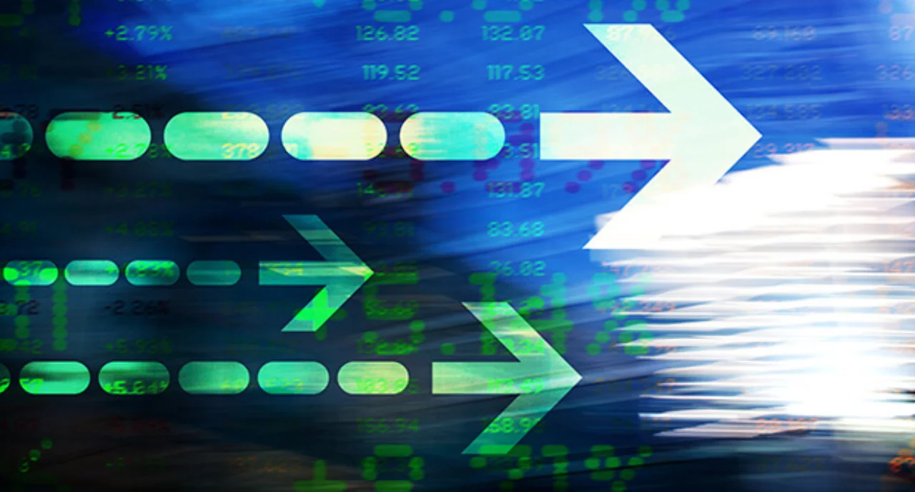 Finance Arrow Abstract Office Buildings And Trading Screen Data