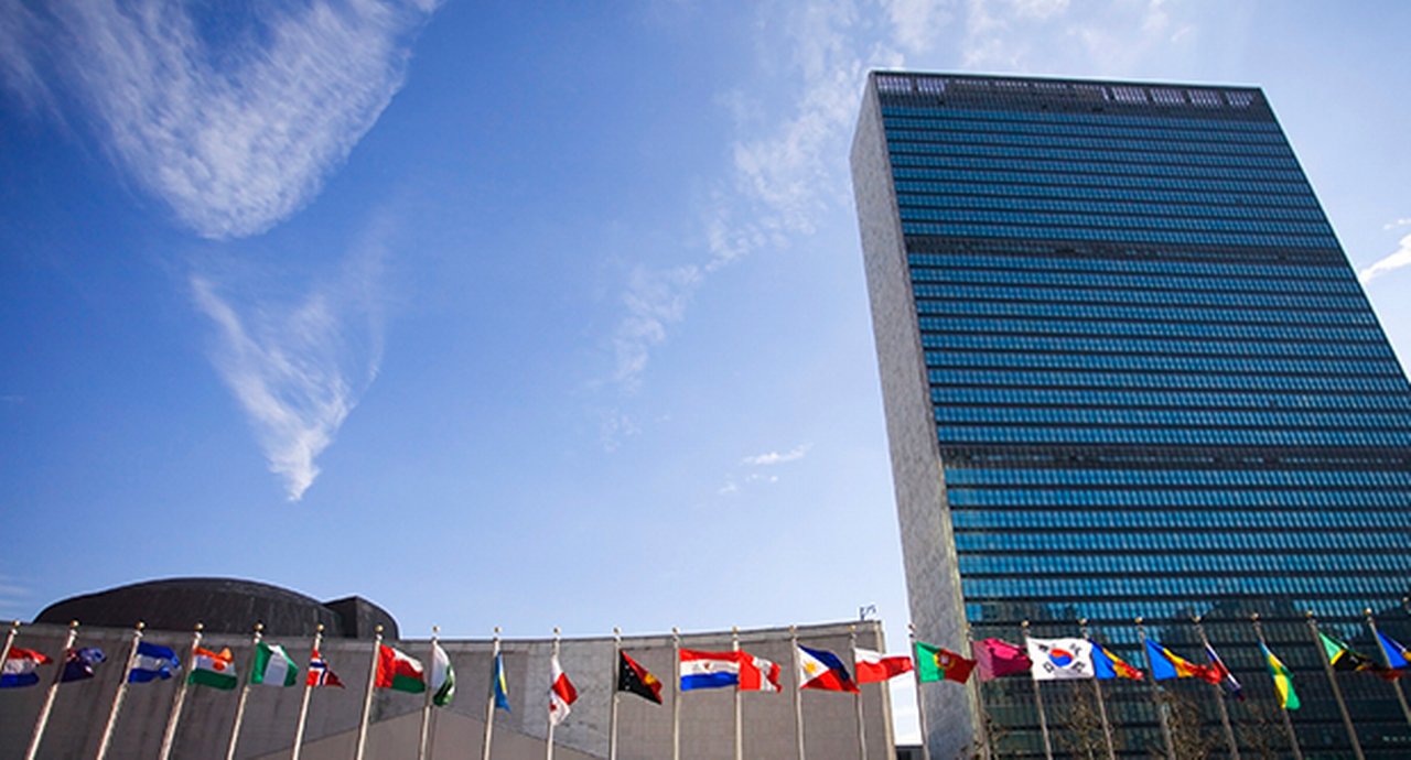 Colorful flags of the world waving in the wind in front of the United Nations building.