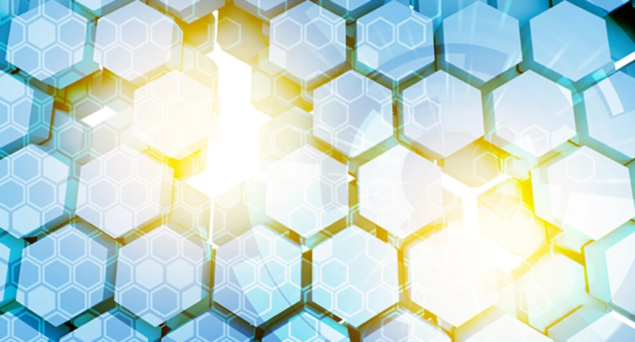 Distributed Ledger Technology Bitcoin Icon With Hexagonal Symbol Blue Background Cryptocurrencies Or Bitcoin Concept Flare Light