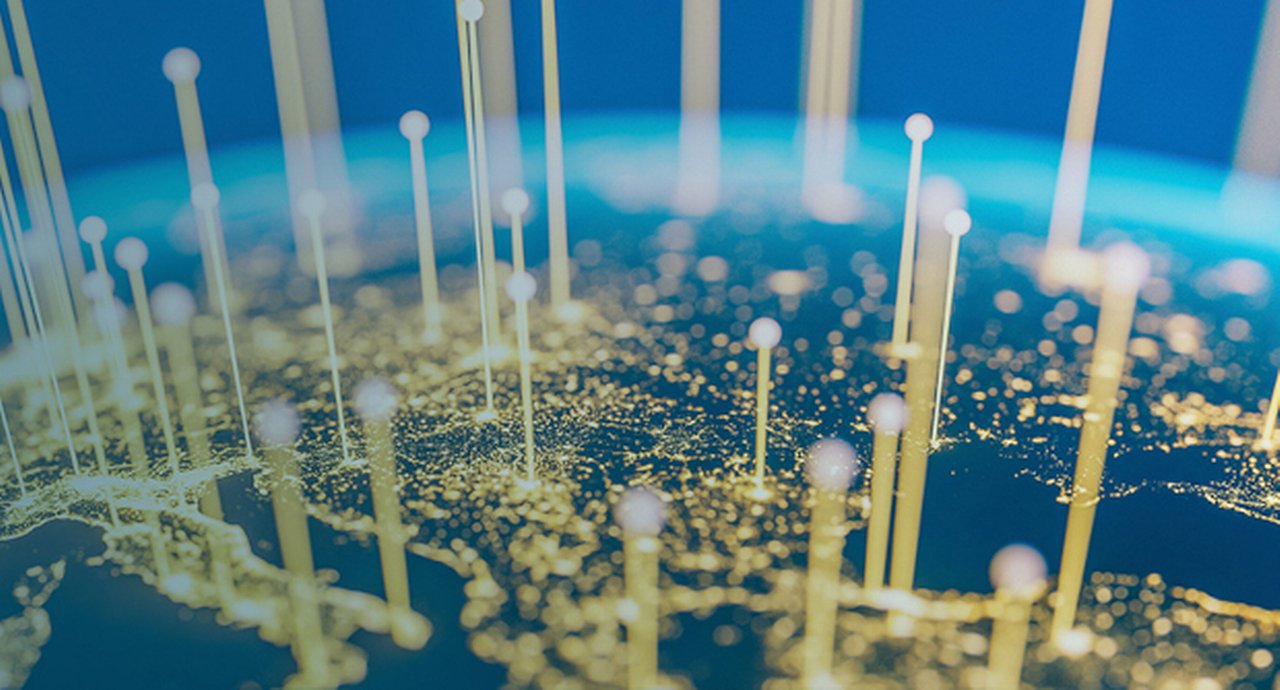 Blue planet with golden points of interest