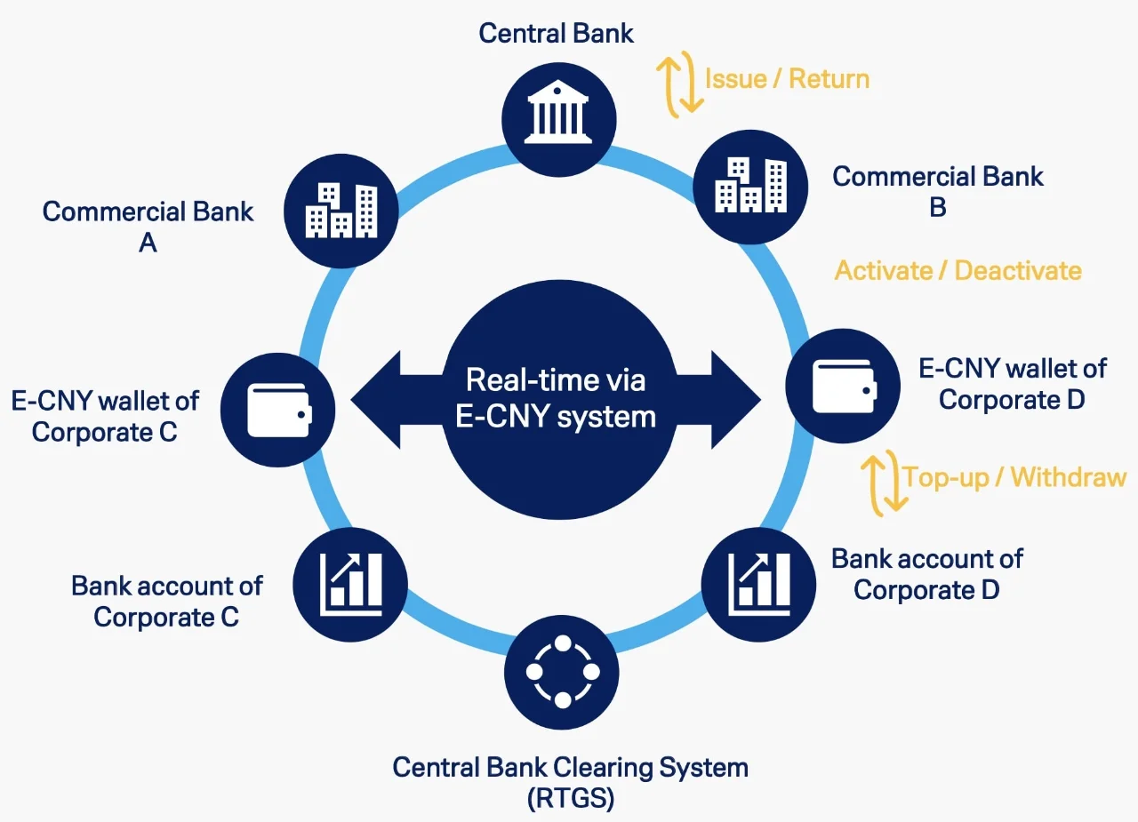blue and yellow figure that shows the Corporate e-CNY wallet system