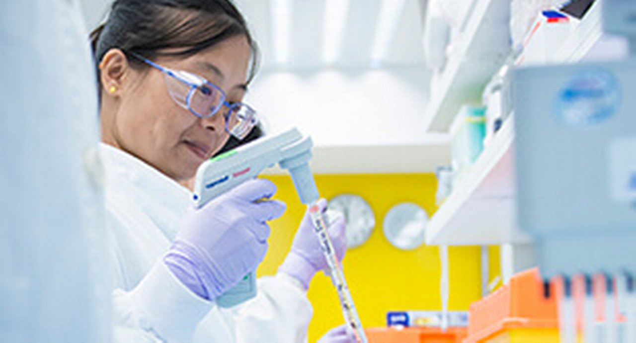 An Asian female laboratory technician very focused on pipetting