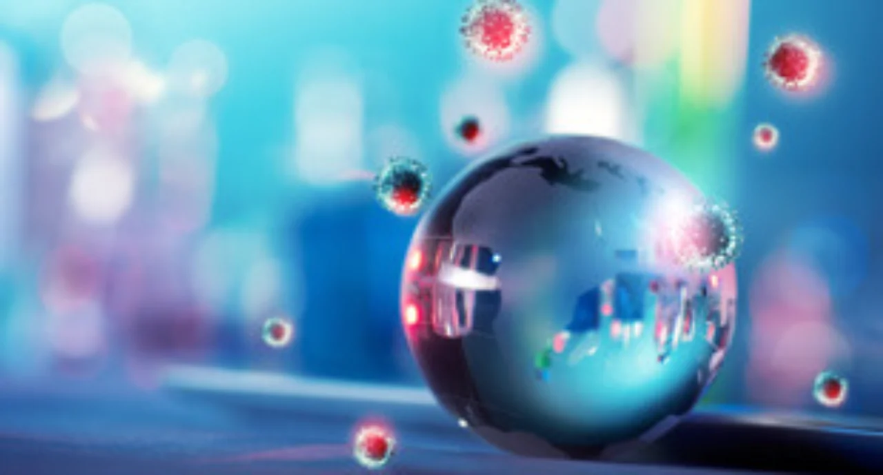 A glass globe surrounded by viruses