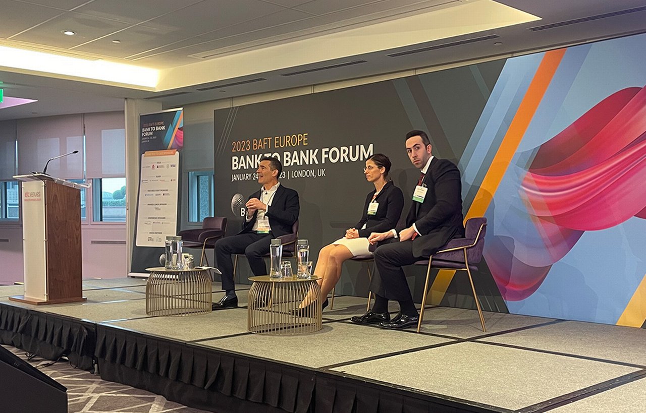 Dean Sposito (left) and Katrin Arend (middle) at the “Sanctions: Operating as a Financial Institution in a Changing World” panel at the BAFT 2023 Europe Bank to Bank Forum