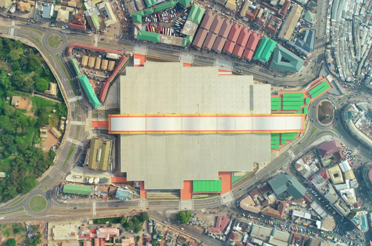 Aerial view of Phase One of the new Kumasi Market exterior