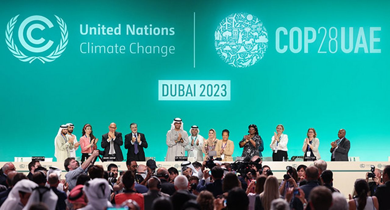 Dr. Sultan Al Jaber, COP28 President and other participants onstage during the Closing Plenary at the UN Climate Change Conference COP28 at Expo City Dubai