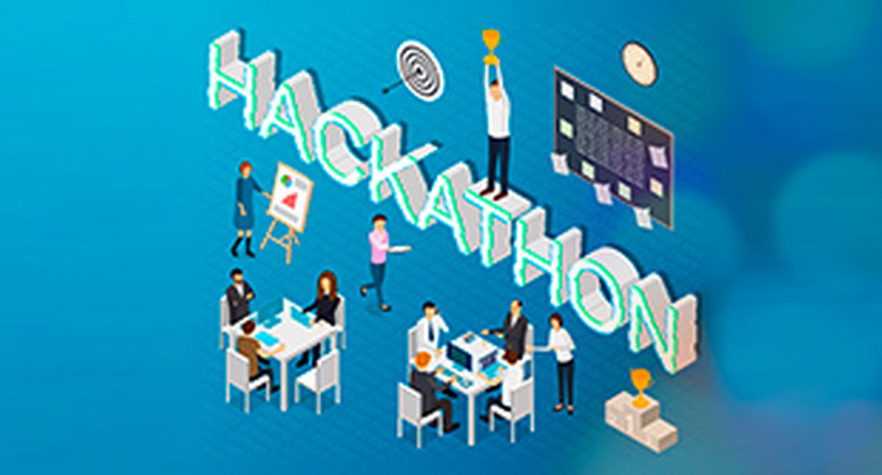 Stylised figures surround the lettering Hackathon