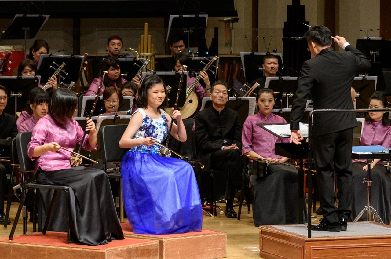 Stephanie Ow, erhu soloist, performing with the Singapore Chinese Orchestra