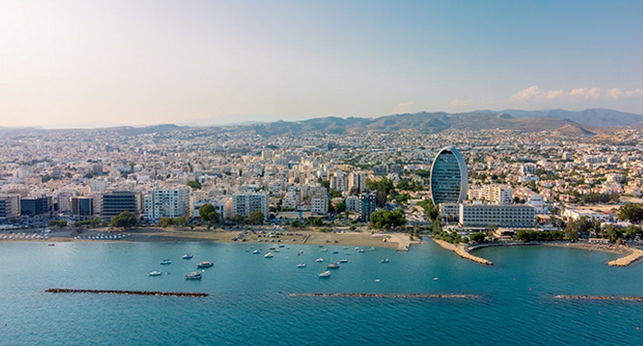 An aerial view of the seafront of Limassol, Cyprus.