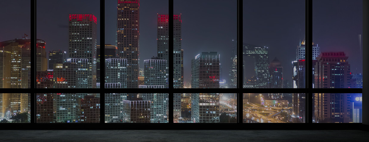 view through big windows to the skyline