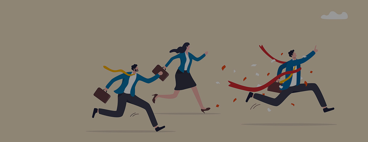 Three illustrated people running