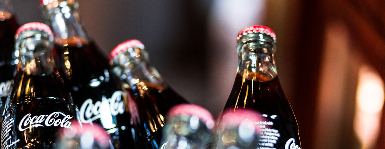 Glass bottles of Coca Cola in Borough Market, London, UK