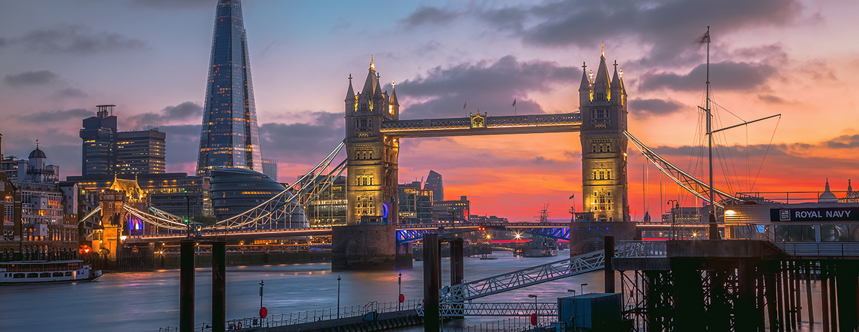 Tower Bridge and the Thames River at sunset