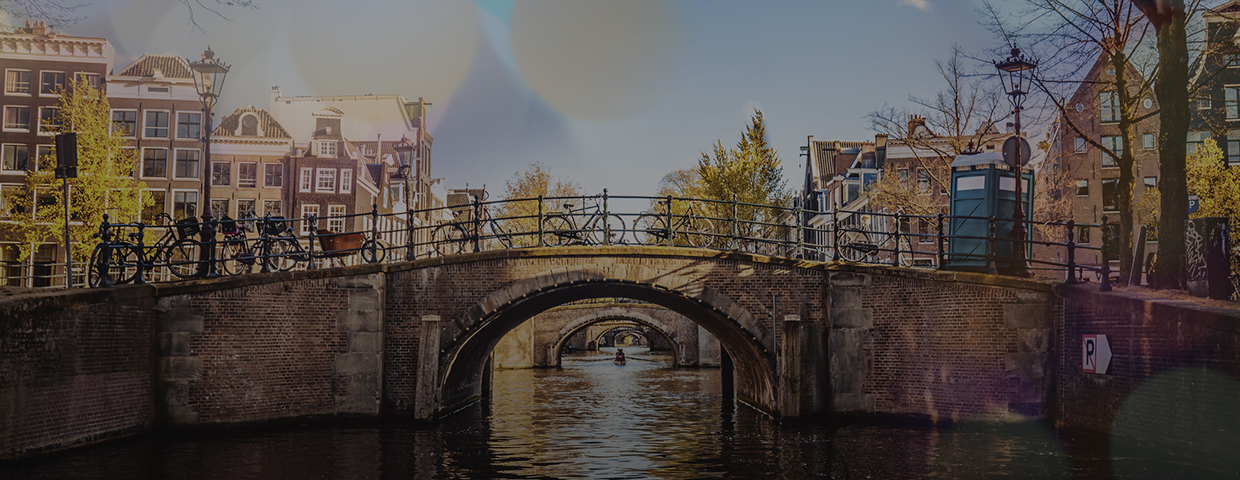 An arch bridge in Amsterdam with many bicycles