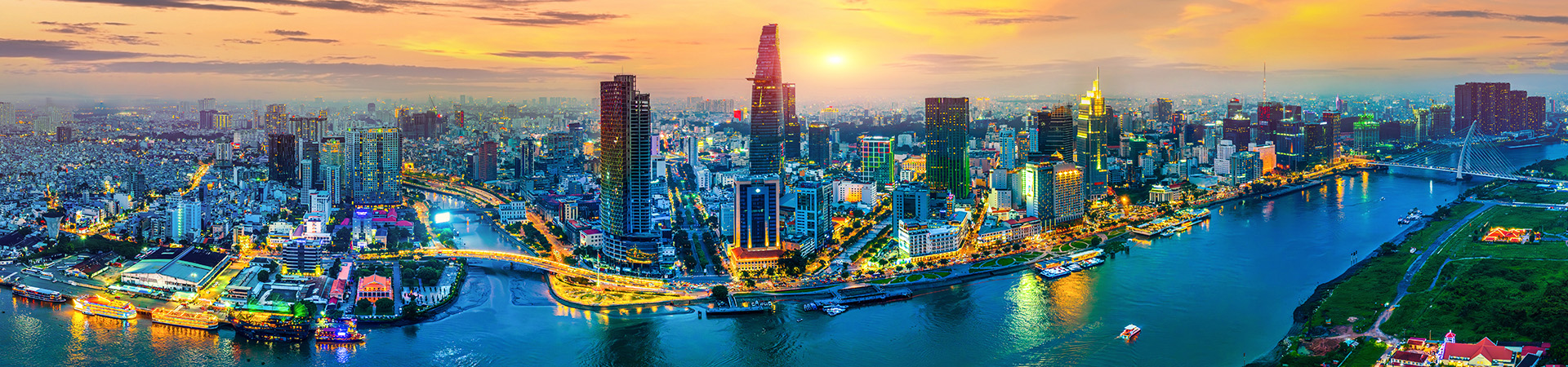 Panorama of Ho Chi Minh City or Saigon City at dusk in Vietnam