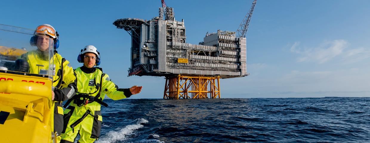 Two men driving away from an oil rig in the North Sea