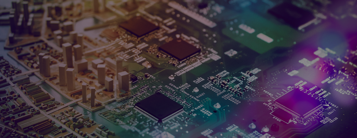 Close-up of a circuit board in warm hues