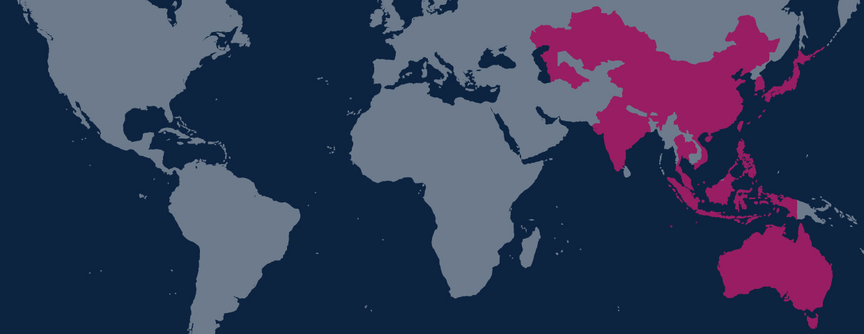 Worldmap with Asia highlighted in magenta