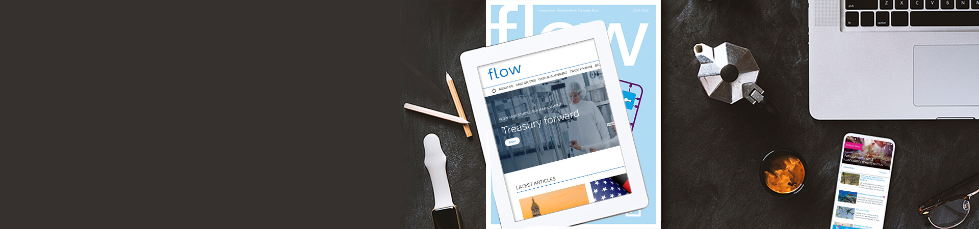 flow issue being displayed on a tablet above a print issue next to a laptop and a smartphone displaying the flow app