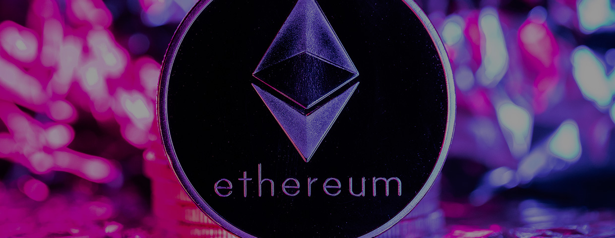 Ethereum cryptocurrency, physical coin in front of an abstract background