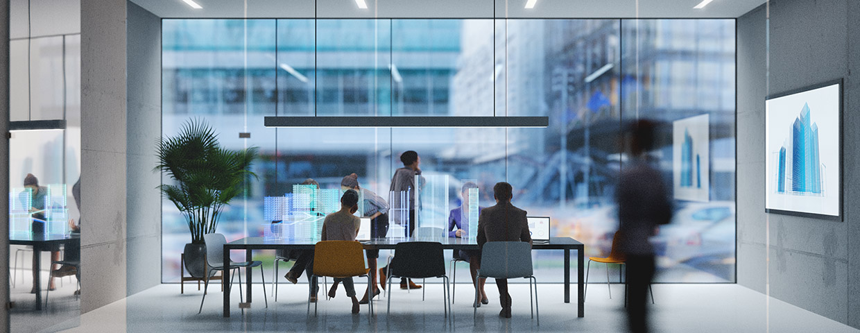 Futuristic office with people going about their work