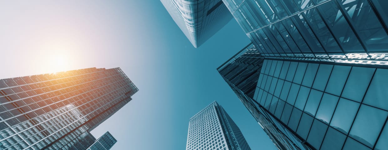 skyscrapers in a finance district from a low angle