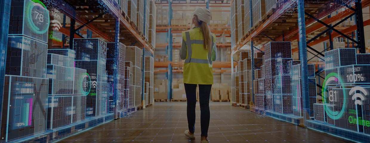 Futuristic technology retail warehouse: worker makes inventory walks as digitization process analyzes goods, cartons, products with delivery infographics in logistics