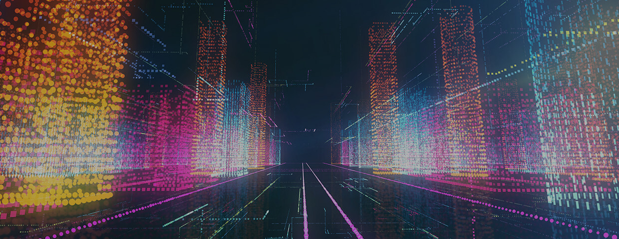 road with luminous colorfull numbers on the left and the right